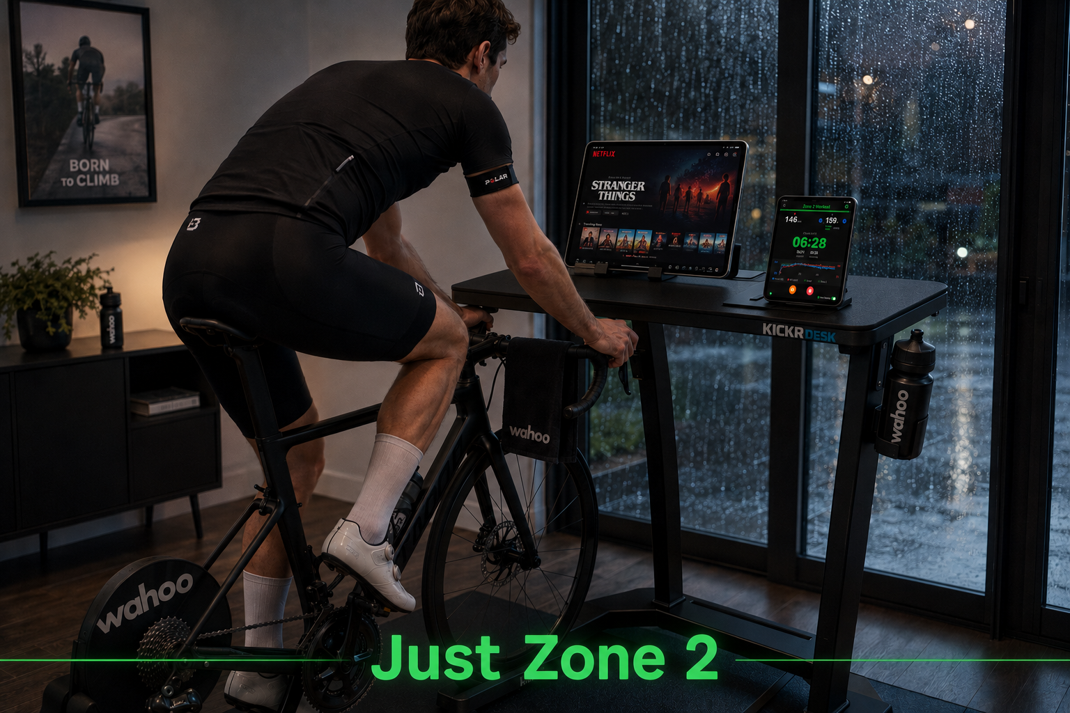 A cyclist training indoors with JustZone2 on a Wahoo KICKR